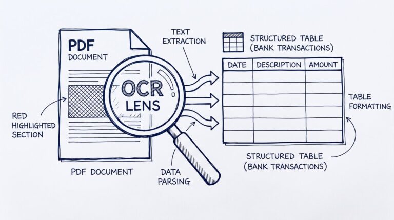 Pen drawing illustrating convert-pdf-bank-statement-to-google-sheets concept