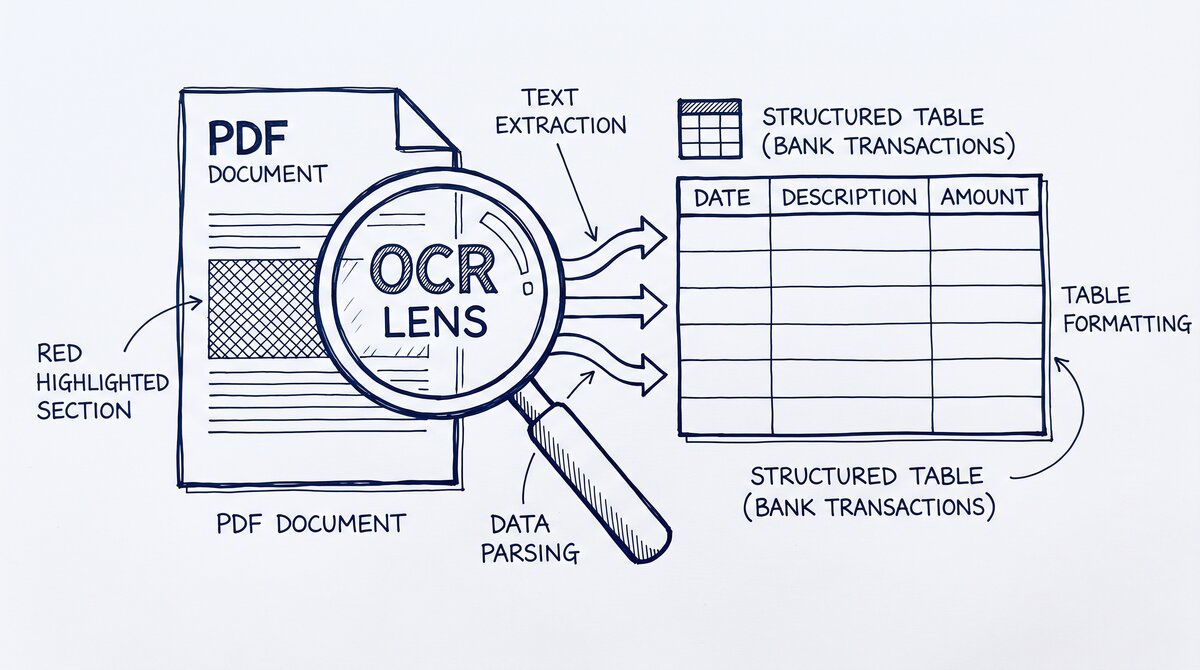 Pen drawing illustrating convert-pdf-bank-statement-to-google-sheets concept