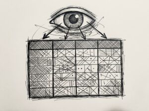 Pen drawing of an eye hovering over a four-column data table, representing the visual review of a CSV file's structure.