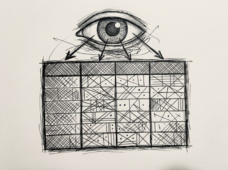 Pen drawing of an eye hovering over a four-column data table, representing the visual review of a CSV file's structure.