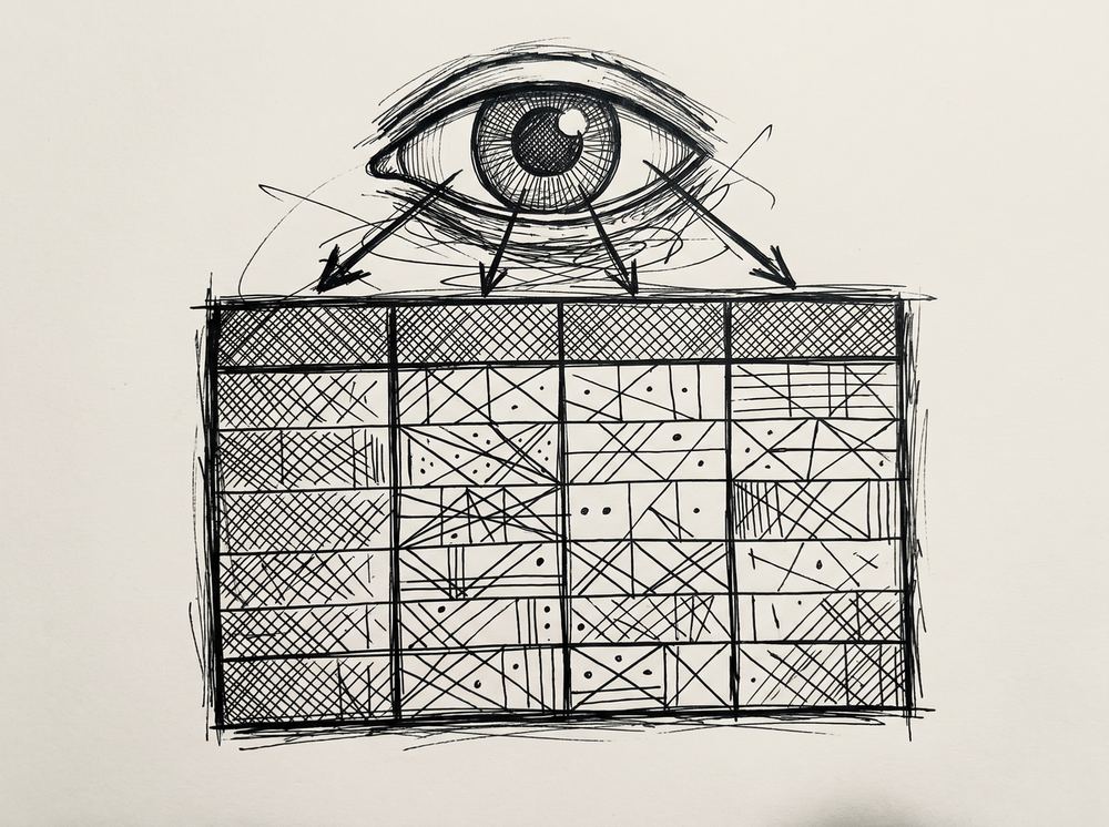 Convert Pinnacle Bank Bank Statement to Excel: 4-Step Process for Pinnacle Financial Partners Pen drawing of an eye hovering over a four-column data table, representing the visual review of a CSV file's structure.