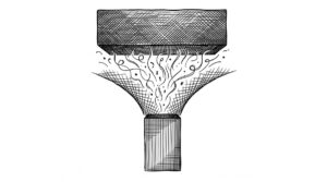 Pen drawing of a wide document at the top with sides narrowing to a narrow file at the bottom, showing data being filtered from PDF to CSV.