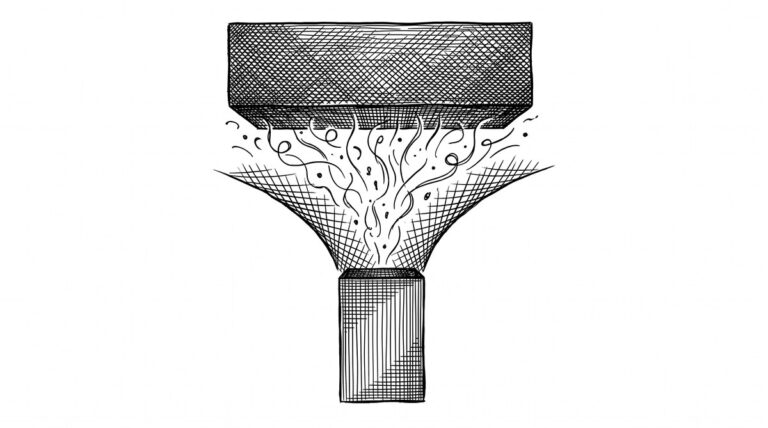 Convert PDF Bank Statement to CSV: The Complete Workflow Pen drawing of a wide document at the top with sides narrowing to a narrow file at the bottom, showing data being filtered from PDF to CSV.