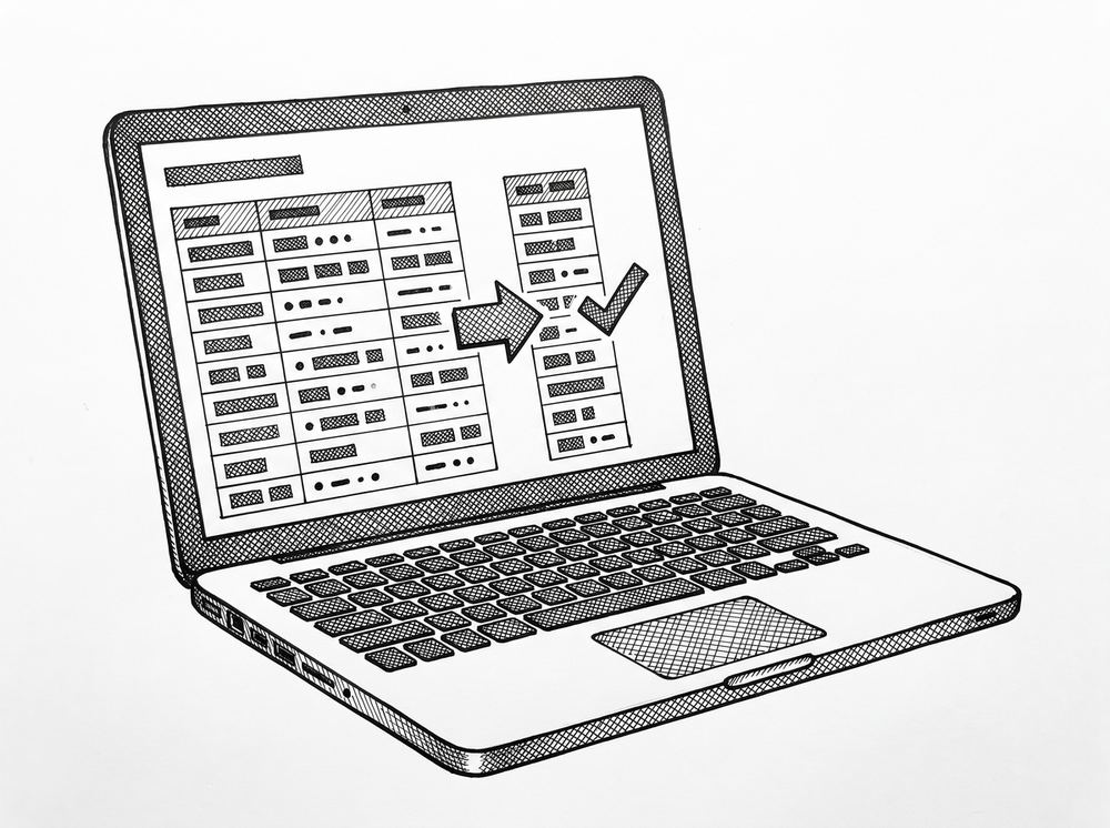 Convert PDF Bank Statement to CSV: The Complete Workflow Pen drawing of an open laptop with a small data table visible on the screen, representing the tool used to convert and validate the CSV output.