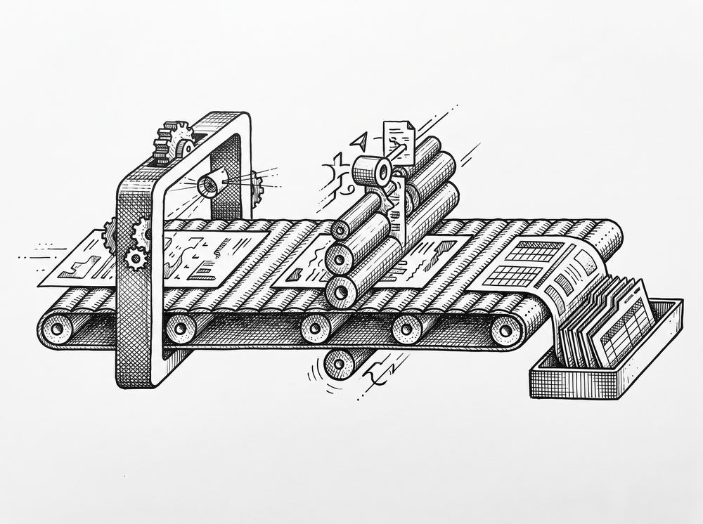 Convert a Bank Statement to QuickBooks: The QBO Path Pen drawing of a horizontal conveyor belt with a rectangular document moving along it, representing sequential processing from PDF to QBO to QuickBooks.