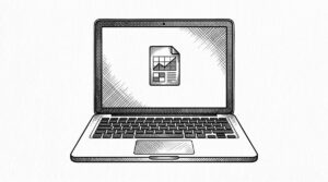 Pen drawing of an open laptop with a small structured data file visible on the screen, representing the QuickBooks software tool.