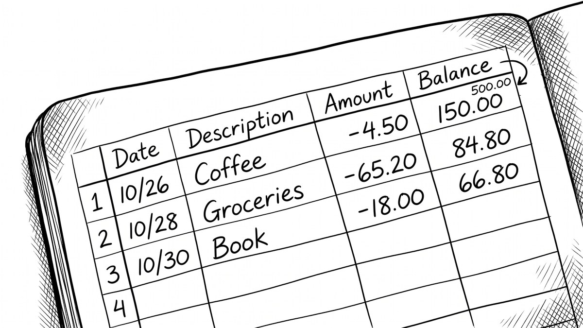 Bank Statement Converter: What It Is, How It Works, How to Pick One Pen drawing of a hand-drawn spreadsheet with three rows of example converted transaction data showing date, description, amount, and balance columns.