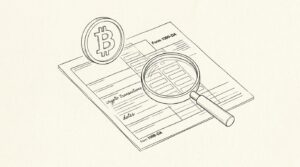 Pen-style line drawing of a 1099-DA tax form with crypto transaction lines and a magnifying glass