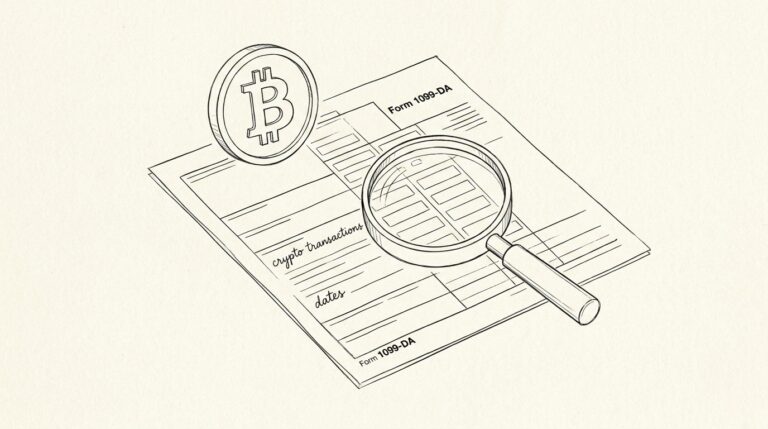 Pen-style line drawing of a 1099-DA tax form with crypto transaction lines and a magnifying glass