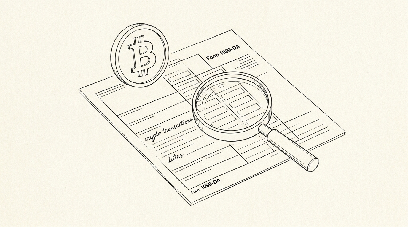 Pen-style line drawing of a 1099-DA tax form with crypto transaction lines and a magnifying glass