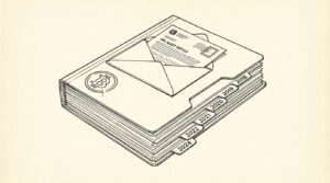 Pen-style line drawing of a multi-year archive folder with year tabs and an IRS audit notice letter on top