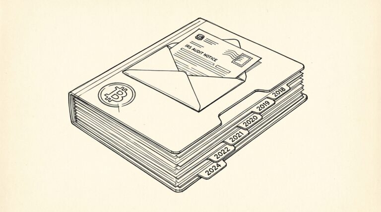 Pen-style line drawing of a multi-year archive folder with year tabs and an IRS audit notice letter on top