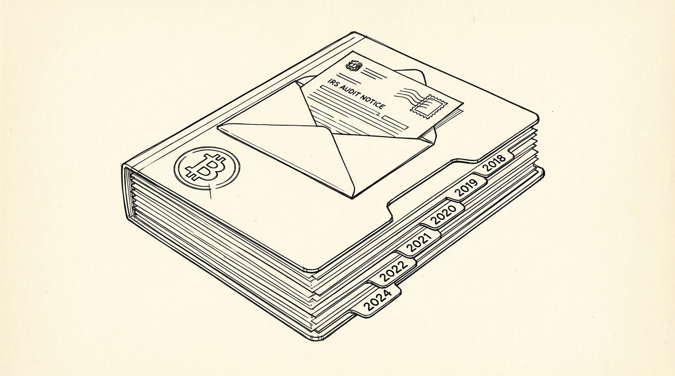 Crypto Audit Prep: 5-Year Statement Archive and IRS Response Pen-style line drawing of a multi-year archive folder with year tabs and an IRS audit notice letter on top