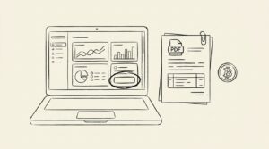Pen-style line drawing of a laptop with Coinbase dashboard showing Tax Report and a tax document