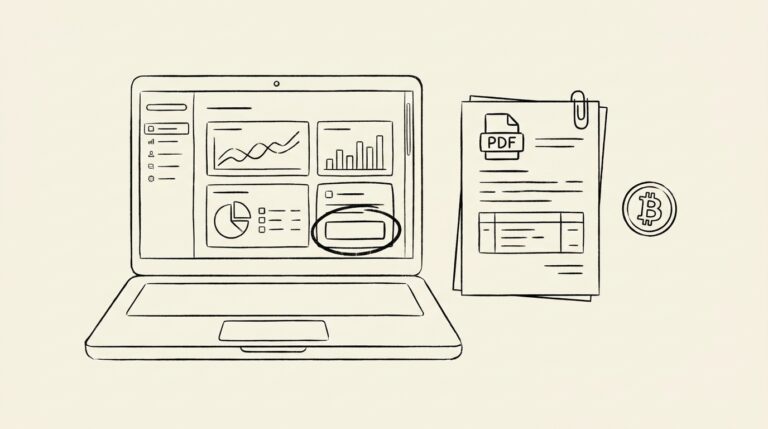 Pen-style line drawing of a laptop with Coinbase dashboard showing Tax Report and a tax document