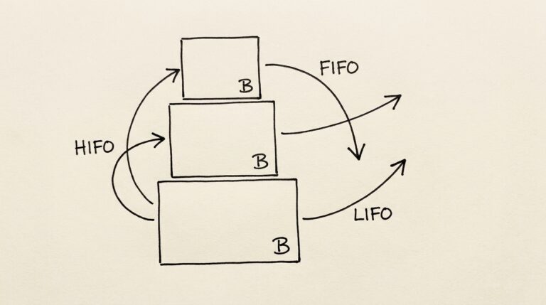 Pen-style line drawing of 3 stacked boxes representing Bitcoin lots with arrows showing FIFO LIFO HIFO order