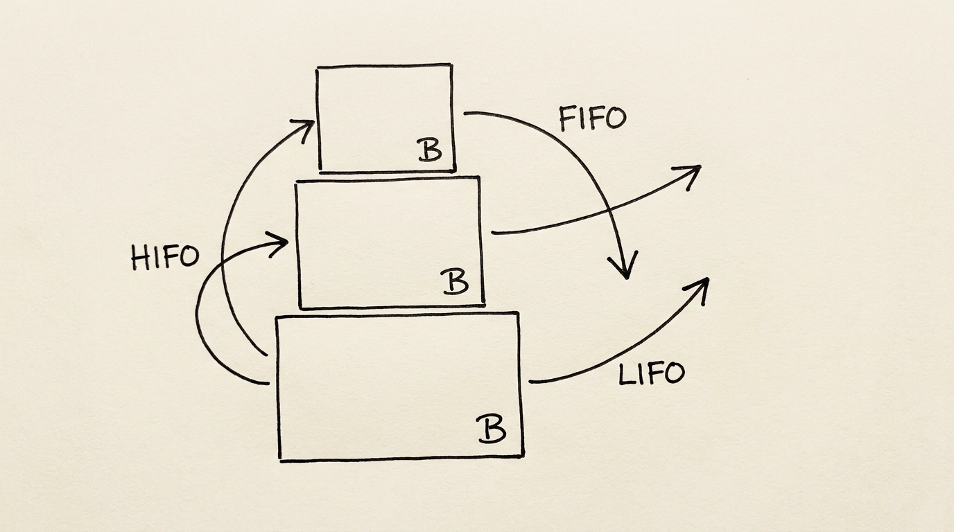 Pen-style line drawing of 3 stacked boxes representing Bitcoin lots with arrows showing FIFO LIFO HIFO order