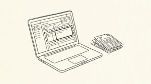 Pen-style line drawing of a laptop with Gemini dashboard showing Account Statement and CSV files
