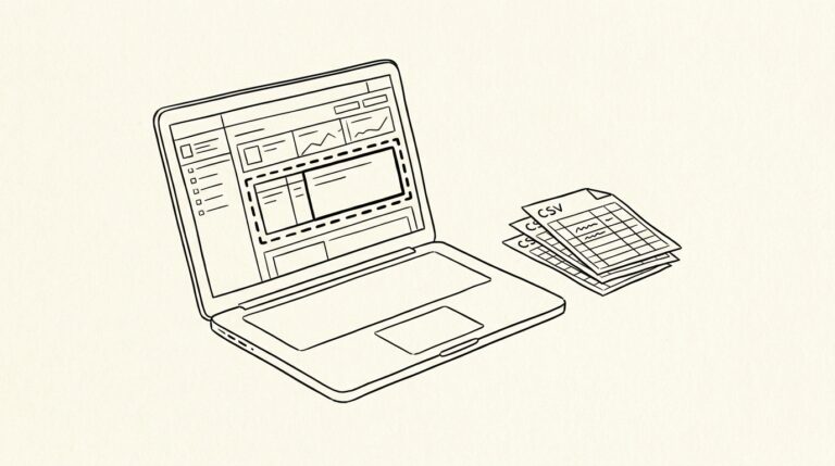 Pen-style line drawing of a laptop with Gemini dashboard showing Account Statement and CSV files