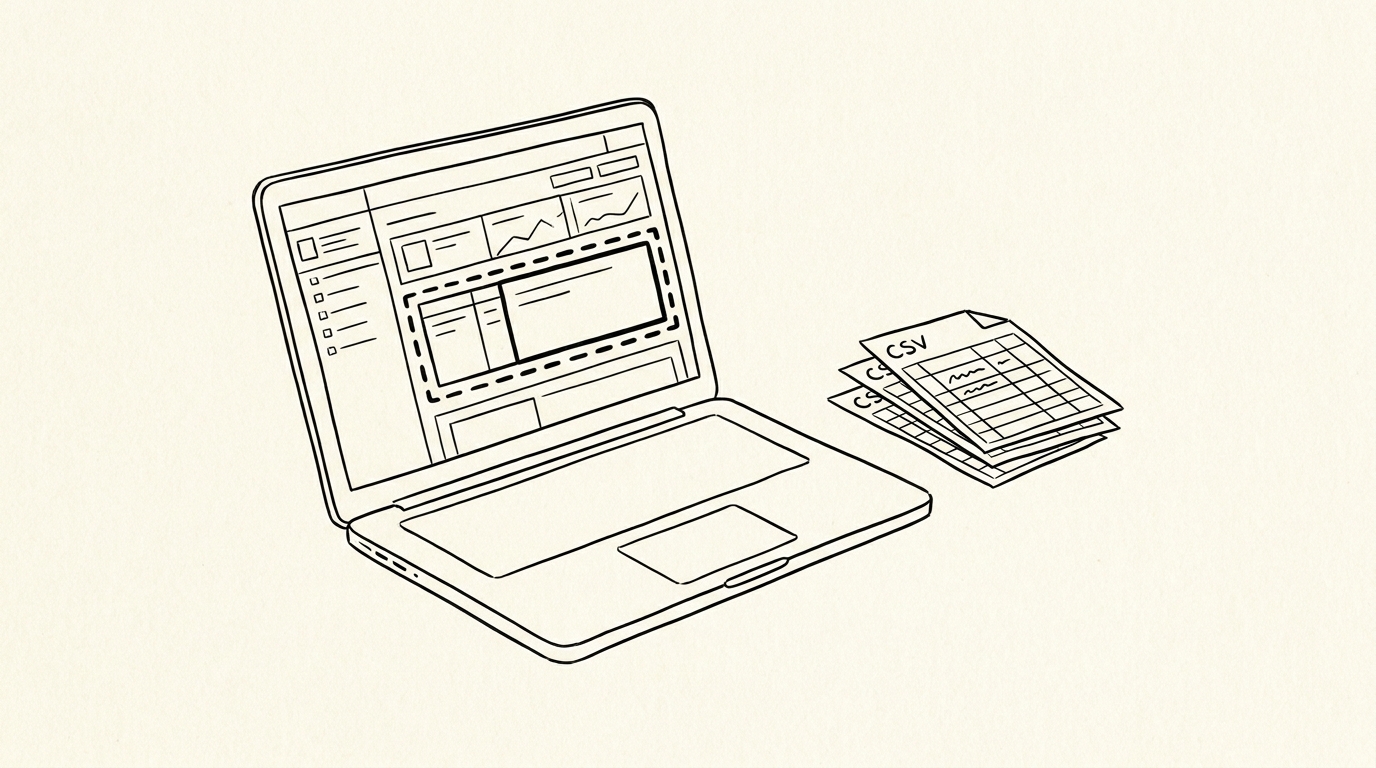 Pen-style line drawing of a laptop with Gemini dashboard showing Account Statement and CSV files