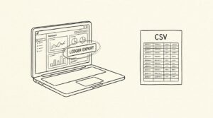Pen-style line drawing of a laptop with Kraken dashboard showing Ledger export and CSV file