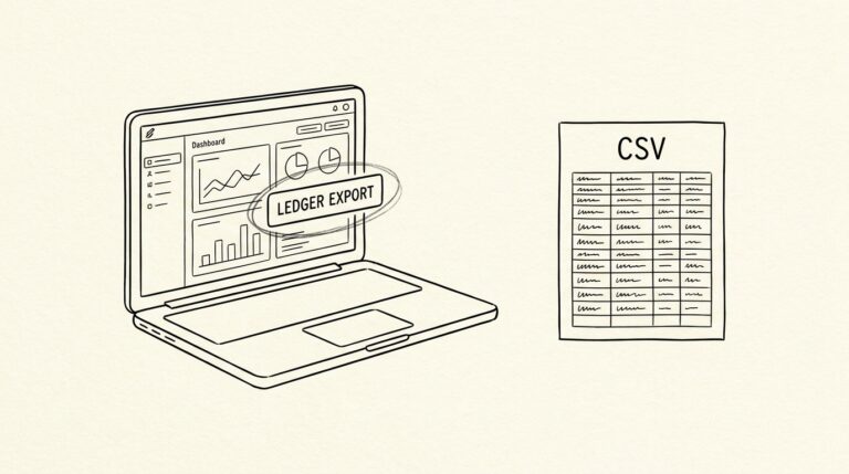 Pen-style line drawing of a laptop with Kraken dashboard showing Ledger export and CSV file