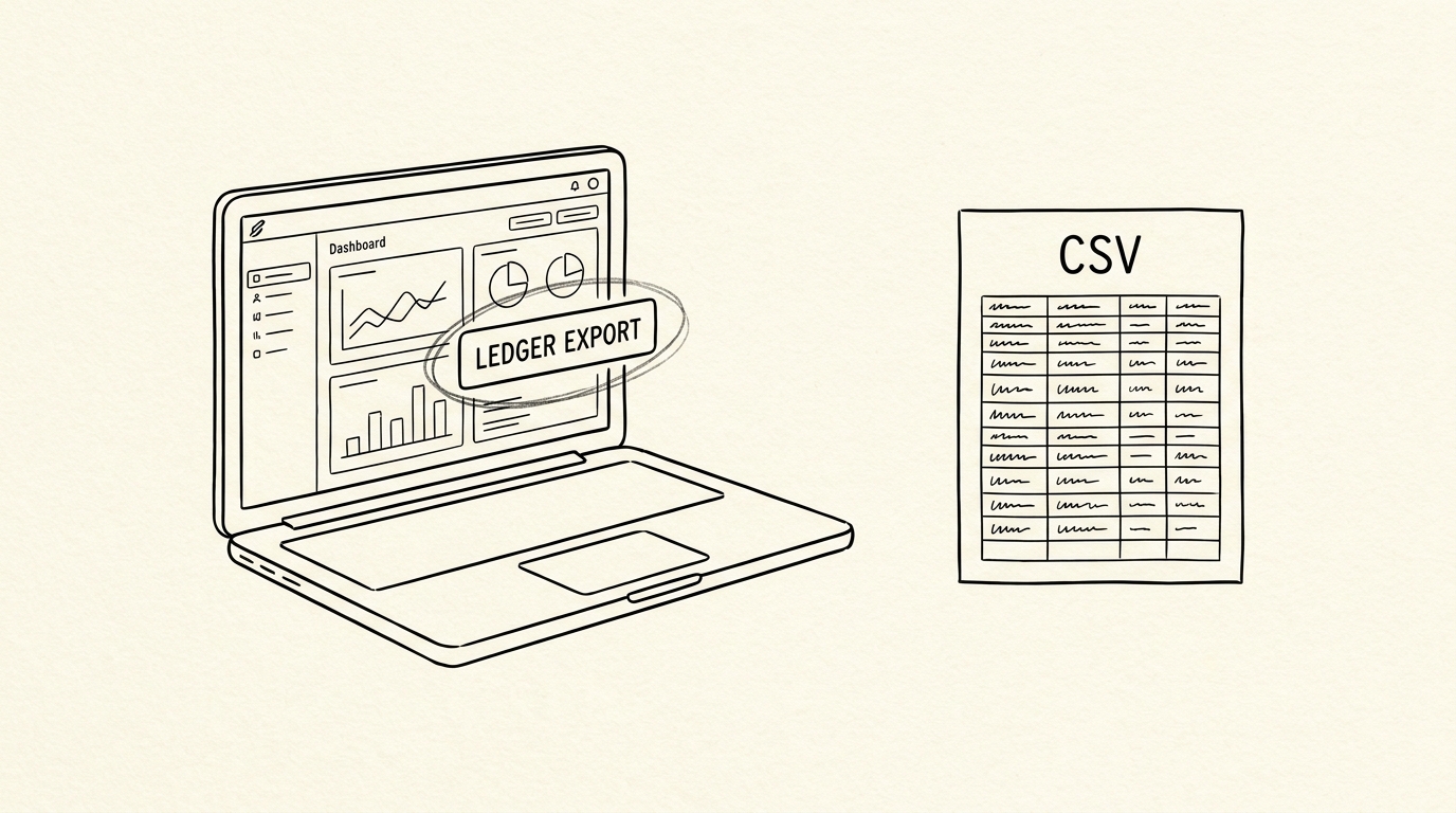 Pen-style line drawing of a laptop with Kraken dashboard showing Ledger export and CSV file