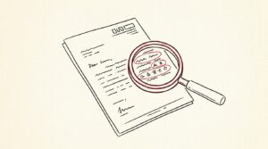 Pen-style line drawing of an IRS notice letter CP2000 with magnifying glass over crypto transaction lines