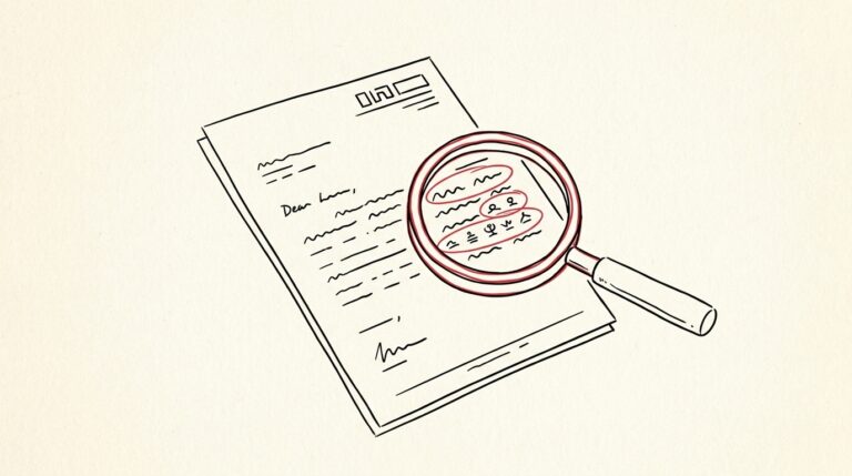 Pen-style line drawing of an IRS notice letter CP2000 with magnifying glass over crypto transaction lines