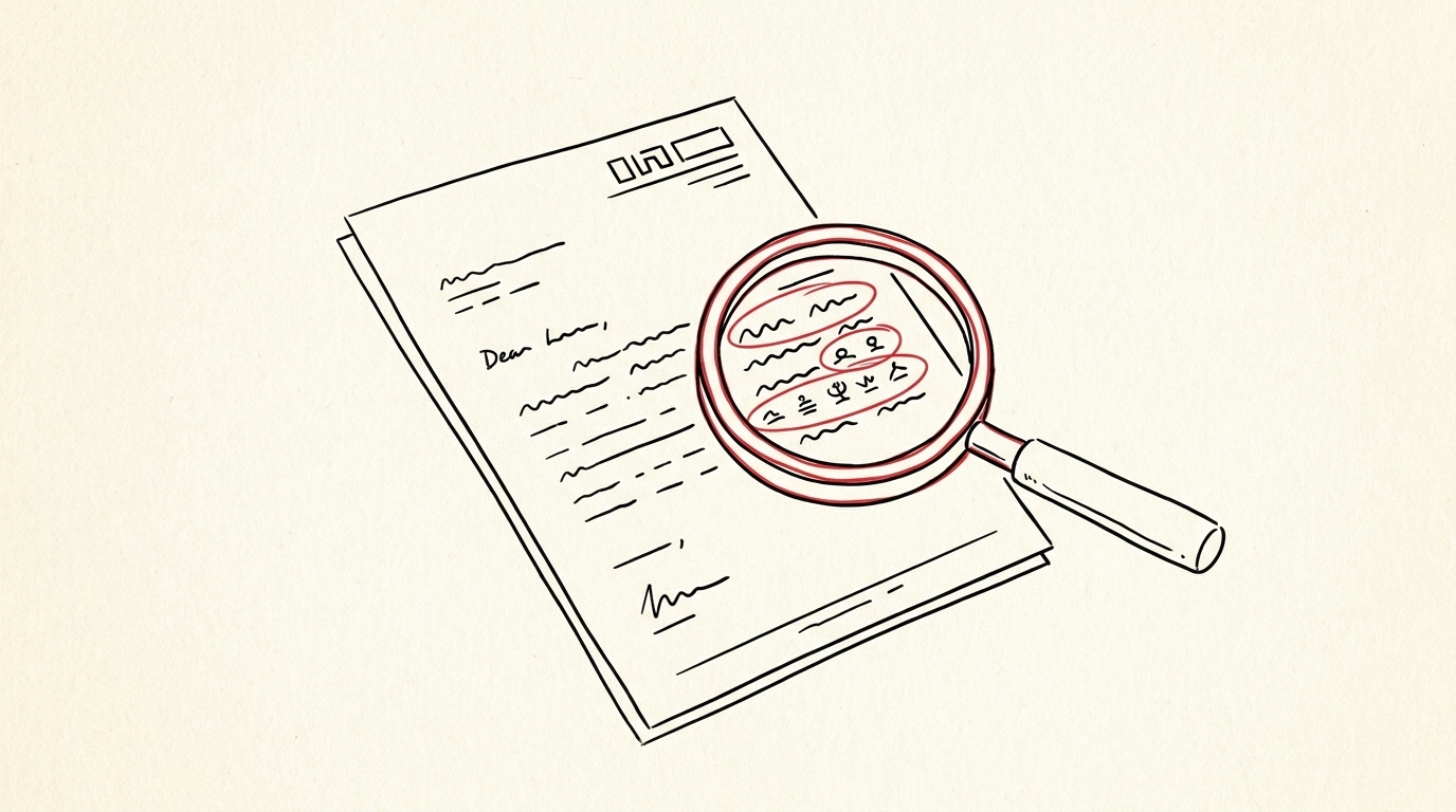 Pen-style line drawing of an IRS notice letter CP2000 with magnifying glass over crypto transaction lines