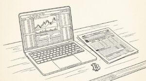 Pen-style line drawing of a laptop with crypto exchange dashboard and a tax form beside it