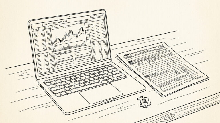 Pen-style line drawing of a laptop with crypto exchange dashboard and a tax form beside it
