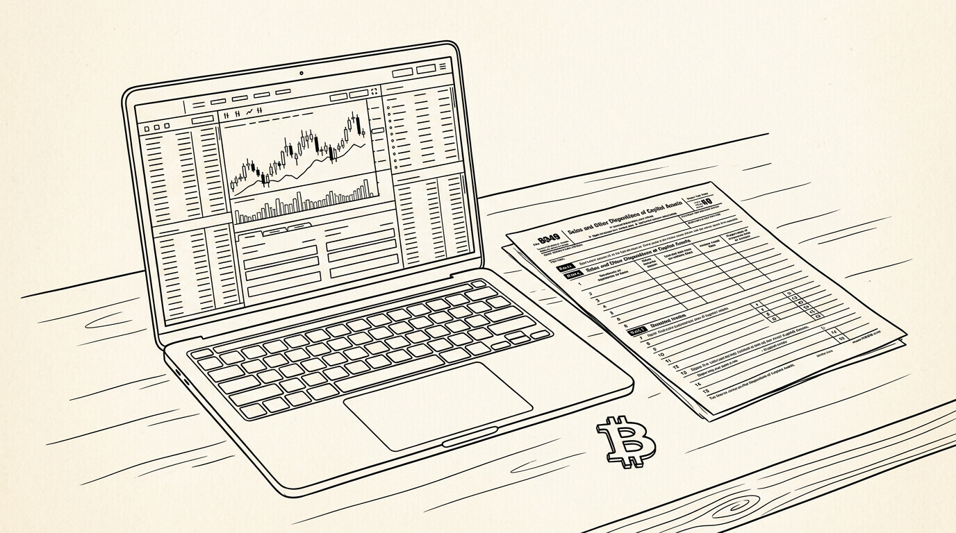 Crypto Tax Statement Preparation Guide: 1099-DA, Cost Basis, and IRS Filing Pen-style line drawing of a laptop with crypto exchange dashboard and a tax form beside it