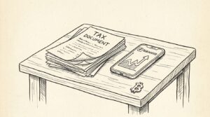 Pen-style line drawing of a multi-page PDF tax document fanned out with a smartphone showing Robinhood app