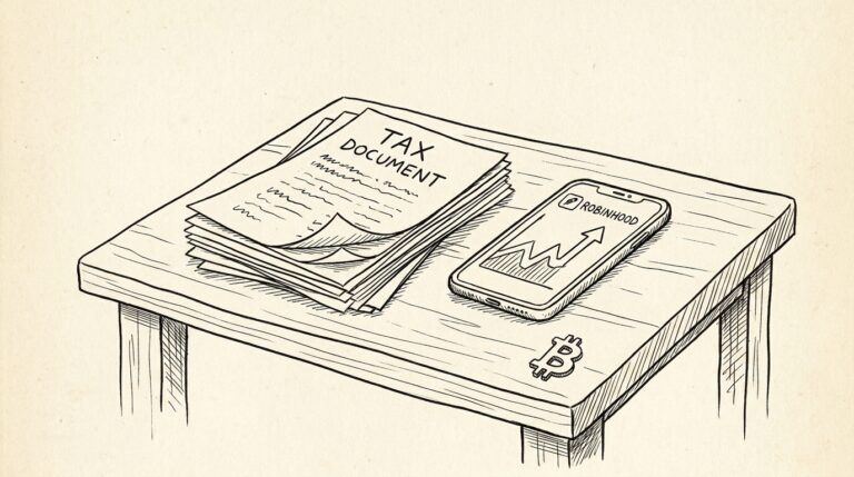 Pen-style line drawing of a multi-page PDF tax document fanned out with a smartphone showing Robinhood app