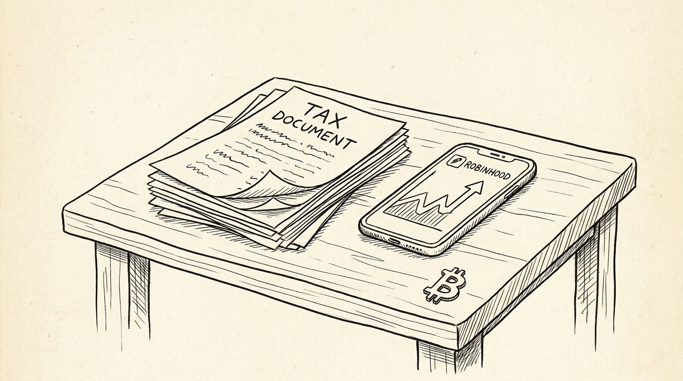 Pen-style line drawing of a multi-page PDF tax document fanned out with a smartphone showing Robinhood app