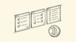 Pen-style line drawing of 3 software windows side by side representing CoinTracker Koinly and TokenTax with comparison checklist