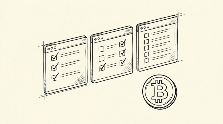 Pen-style line drawing of 3 software windows side by side representing CoinTracker Koinly and TokenTax with comparison checklist