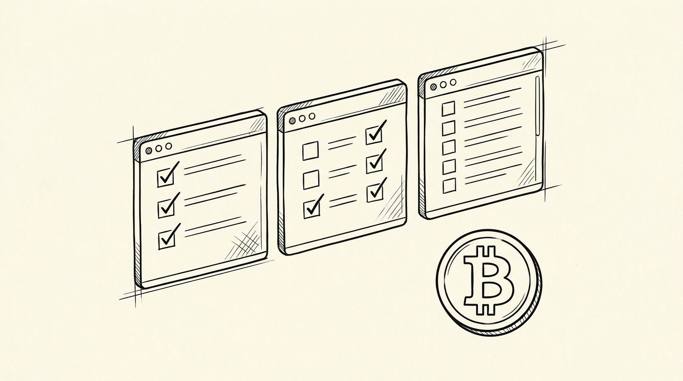Pen-style line drawing of 3 software windows side by side representing CoinTracker Koinly and TokenTax with comparison checklist