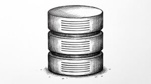 Pen drawing of a database cylinder shape with three stacked horizontal ellipses and six horizontal lines representing stored data rows.