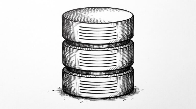 Pen drawing of a database cylinder shape with three stacked horizontal ellipses and six horizontal lines representing stored data rows.