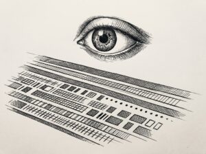 Pen drawing of an eye hovering over rows of data, representing visual review and validation.