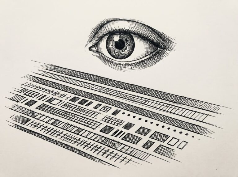 Pen drawing of an eye hovering over rows of data, representing visual review and validation.