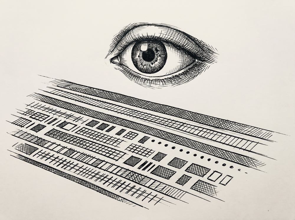 Pen drawing of an eye hovering over rows of data, representing the visual review of a CSV file for errors.