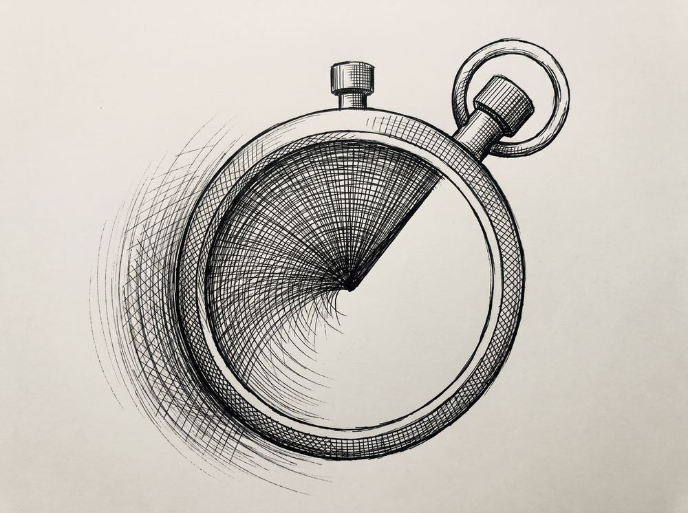Pen drawing of a stopwatch with a partial circular sweep, representing the speed of CSV processing and validation.