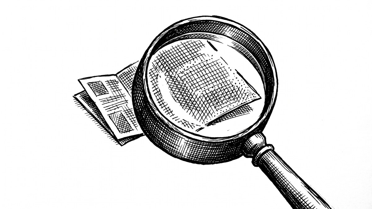 Pen drawing of a magnifying glass hovering over a PDF document, representing pre-conversion review.