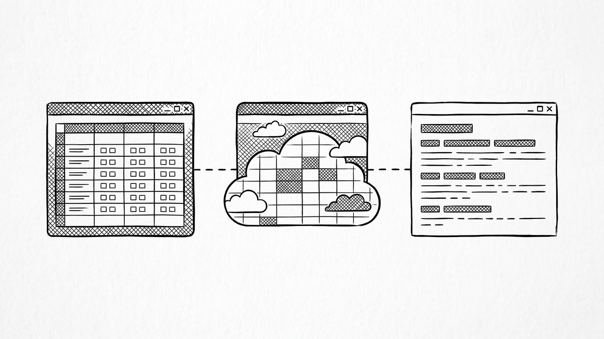 Pen drawing of three small application windows showing the same CSV data in different views.