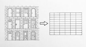 Pen drawing of a brick wall with 10 different credit union doors of varying styles, with a single arrow leading to a clean spreadsheet grid
