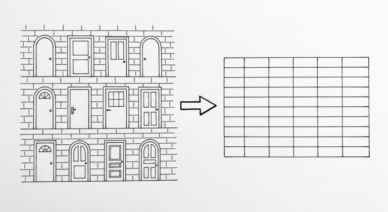 Credit Union Statement Export: The Complete Guide by Credit Union Pen drawing of a brick wall with 10 different credit union doors of varying styles, with a single arrow leading to a clean spreadsheet grid