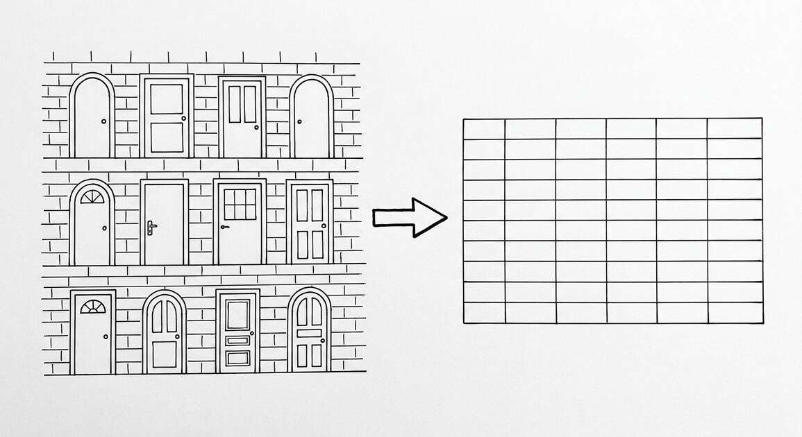 Pen drawing of a brick wall with 10 different credit union doors of varying styles, with a single arrow leading to a clean spreadsheet grid